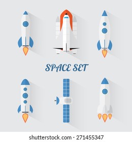 Conjunto moderno y plano de cohetes espaciales. Iconos vectoriales
