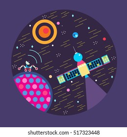 Modern flat style space circle conceptual illustration with different space elements including spaceship, satellite,planet,stars.Spaceship  logo vector.
