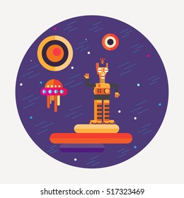Modern flat style space circle conceptual illustration with different space elements including spaceship, robot ,planet,stars.Spaceship  logo vector.
