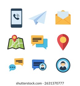 modern flat style vector icon set featuring communication and navigation elements, including a phone, paper plane, envelope, map, location pin, message bubbles, and user avatars. Ideal for UI UX