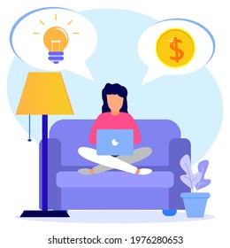 Modern flat style vector illustration. A woman freelance worker sitting on a sofa with a laptop. Can be used for backgrounds, infographics, hero images.