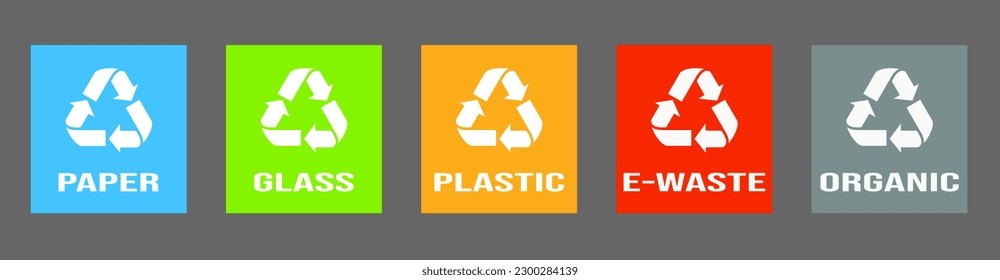 Modern flat style vector illustration of colorful recycling bins for separating waste. The trash bins are designed for different types of waste, including organic, plastic, glass, paper, e-waste