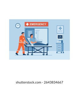 A modern flat style vector illustration showing an emergency room scene. A male paramedic is pushing a patient on a stretcher into the ER, with visible medical equipment.