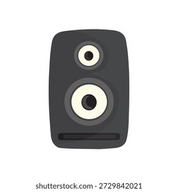 Moderne, flache Vektorgrafik eines schwarzen Audiolautsprechers mit zwei runden Treibern auf sauberem, weißem Hintergrund, die in einem schlichten minimalen Look gestaltet ist.