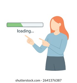 Modern Flat Style Woman Pointing to Loading Bar Progress Illustration