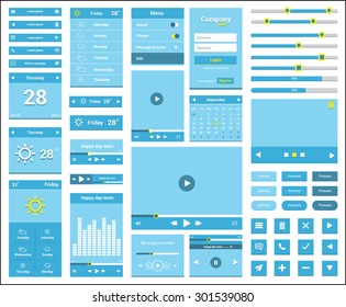 Modern, Flat, Stylish & complete GUI set in blue color.