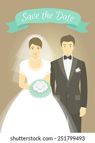 Modern flat stylized illustration of wedding portrait of bride and groom with a decorative ribbon. Bride in wedding dress holds a bouquet. Groom is dressed in a tuxedo with a bow tie