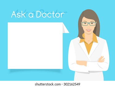 Modern flat stylized vector illustration of smiling young attractive friendly looking female doctor consultant standing with arms crossed opposite information dialog box. Online consultation concept