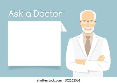 Modern flat stylized vector illustration of smiling experienced aged friendly looking male doctor consultant standing with arms crossed opposite information dialog box. Online consultation concept