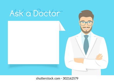 Modern flat stylized vector illustration of smiling young attractive friendly looking male doctor consultant standing with arms crossed opposite information dialog box. Online consultation concept