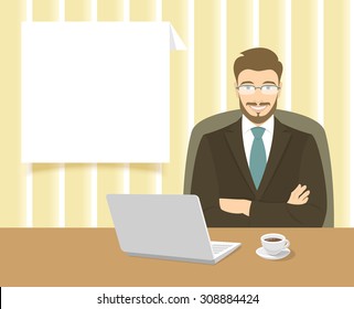 Modern flat stylized vector illustration of smiling young attractive friendly looking businessman sitting at the office desk with a laptop and a cup of coffee on it. Business information dialog box