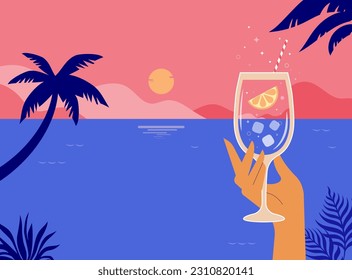 Moderna plantilla de diseño de folletos nocturnos de playa de verano plana. Mano sosteniendo un cóctel de vidrio sobre el fondo del paisaje marino. Afiche de la celebración del atardecer y banner web. Ilustración vectorial.