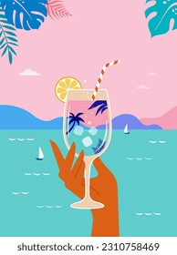 Modern flat summer beach party flyer design templates. Hand holding cocktail glass on tropical seascape background. Celebration poster concept and web banner.. Vector illustration.