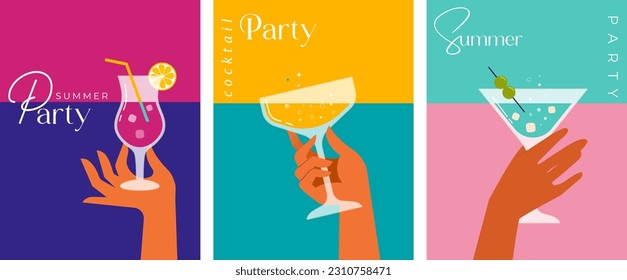 Modern flat summer beach party poster and social media story design templates. Hands holding cocktail glasses on seascape background. Celebration summer fun poster concept and web banner. 