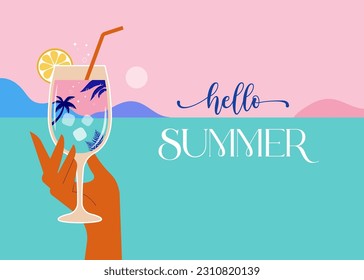 Modern flat summer beach party flyer design templates. Hand holding cocktail glass on sea landscape background. Celebration summer fun poster concept and web banner. Vector illustration.