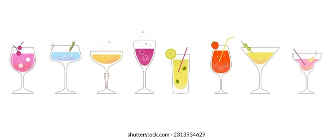 Modern flat summer cocktails collection. Colorful background with cocktail glasses. Celebration poster concept and web banner. Vector illustration