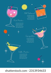 Modern flat summer cocktails collection. Colorful background with cocktail glasses. Celebration poster concept and web banner. Vector illustration