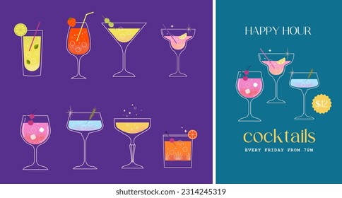 Modern flat summer cocktails collection. Colorful background with cocktail glasses. Summer fun celebration concept poster and web banner. Vector illustration