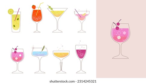 Modern flat summer cocktails collection. Colorful background with cocktail glasses. Summer fun celebration concept poster and web banner. Vector illustration