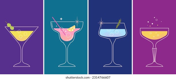 Modern flat summer cocktails collection. Colorful background with cocktail glasses. Summer fun celebration concept poster and web banner. Vector illustration