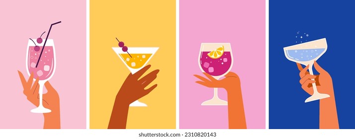 Modern flat summer party poster and social media story design templates. Colorful backgrounds with hands holding cocktail glasses. Celebration poster concept and web banner. Vector illustration.