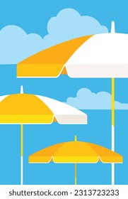 Modern flat summer time illustration - beach umbrellas, blue sky, vacation, weekend, sunbathing, relaxing. Resort or cruise concept. Background set for poster, cover, banner in minimalist style