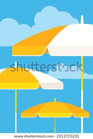 Modern flat summer time illustration - beach umbrellas, blue sky, vacation, weekend, sunbathing, relaxing. Resort or cruise concept. Background set for poster, cover, banner in minimalist style