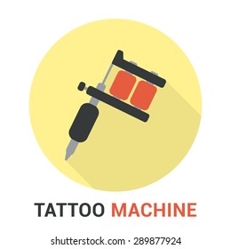 Modern flat tattoo machine icon with long shadow on circle yellow background