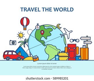 Modern flat thin line colorful design vector illustration, concept of traveling around the world, journey and trip to other countries, for graphic and web design