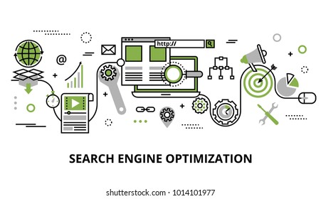 Modern flat thin line design vector illustration, concept of search engine optimization, for graphic and web design