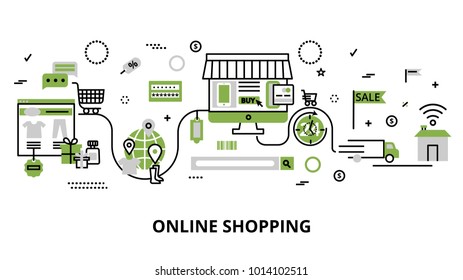 Modern flat thin line design vector illustration, concept of online shopping, internet sales with retail and commerce elements for graphic and web design