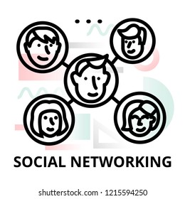 Modern flat thin line design vector illustration, concept of social networking on abstract background, for graphic and web design