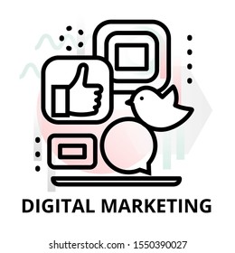 Modern flat thin line design vector illustration, concept of digital marketing on abstract background, for graphic and web design