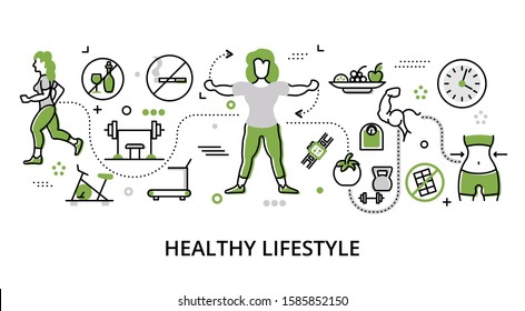 Modern flat thin line design vector illustration, greenery concept of healthy lifestyle and recreation, for graphic and web design
