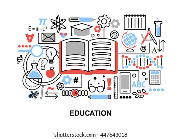 Modern flat thin line design vector illustration, concept of education process, learning in educational institution and items of study equipment, for graphic and web design