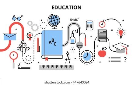 Modern flat thin line design vector illustration, concept of education process, learning in educational institution and items of study equipment, for graphic and web design