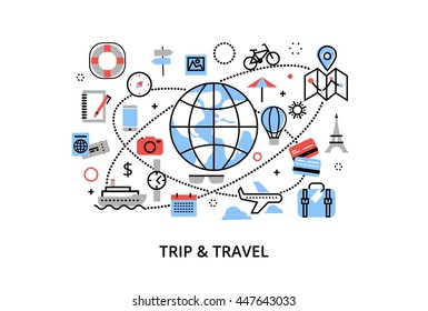 Modern flat thin line design vector illustration, concept of travelling around the world, journey and trip to other countries, for graphic and web design