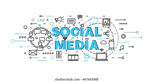 Modern flat thin line design vector illustration, concept of social media, social networking, web communtity and posting news for graphic and web design