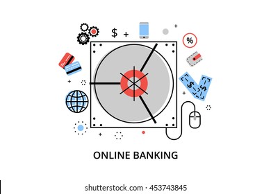 Modern flat thin line design vector illustration, infographic concept of online banking, internet money operations and payment transations, for graphic and web design
