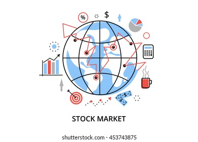 Modern flat thin line design vector illustration, infographic concept with icons of stock market process and securities trading, for graphic and web design