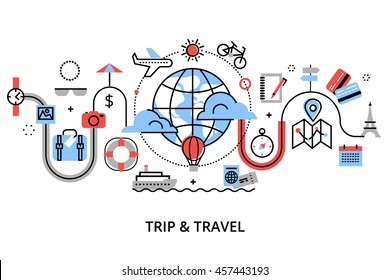 Modern flat thin line design vector illustration, concept of travelling around the world, journey and trip to other countries, for graphic and web design