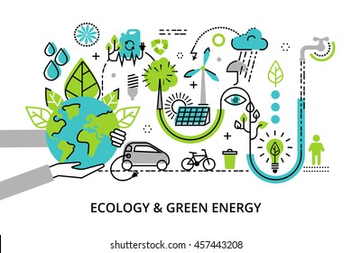 Modern flat thin line design vector illustration, infographic concept of ecology problem, generation and saving green energy  for graphic and web design