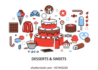 Modern flat thin line design vector illustration, concept of sweet desserts, cake and chocolate, for graphic and web design