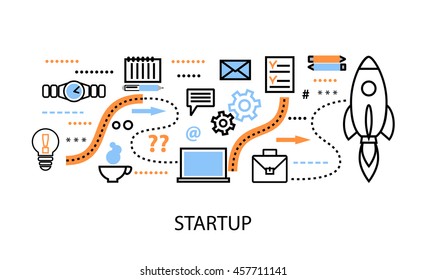 Modern flat thin line design vector illustration, concepts of startup project, business strategy and innovation development, for graphic and web design