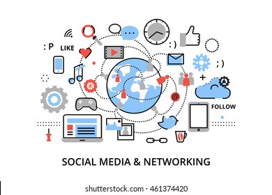 Modern flat thin line design vector illustration, concept of social media, social networking, web communtity and posting news for graphic and web design