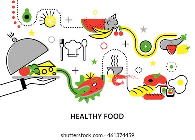 Modern flat thin line design vector illustration, concepts of healthy homemade food and restaurant meals, for graphic and web design