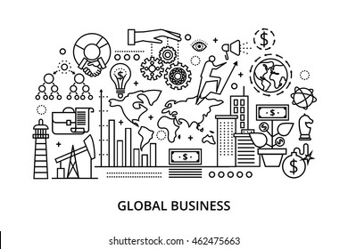 Modern flat thin line design vector illustration, concept of global business process and finance success in the world, for graphic and web design