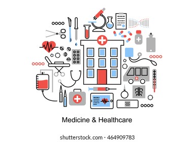 Diseño moderno de línea delgada, ilustración vectorial, concepto de medicina y salud, primeros auxilios, equipo médico y cura medicamentosa, para diseño gráfico y web