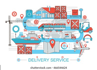Modern Flat thin Line design Delivery logistics cargo service concept for web banner website, presentation, flyer and poster