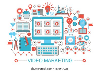 Modern Flat thin Line design digital video marketing online advertisment concept for web banner website, presentation, flyer and poster.